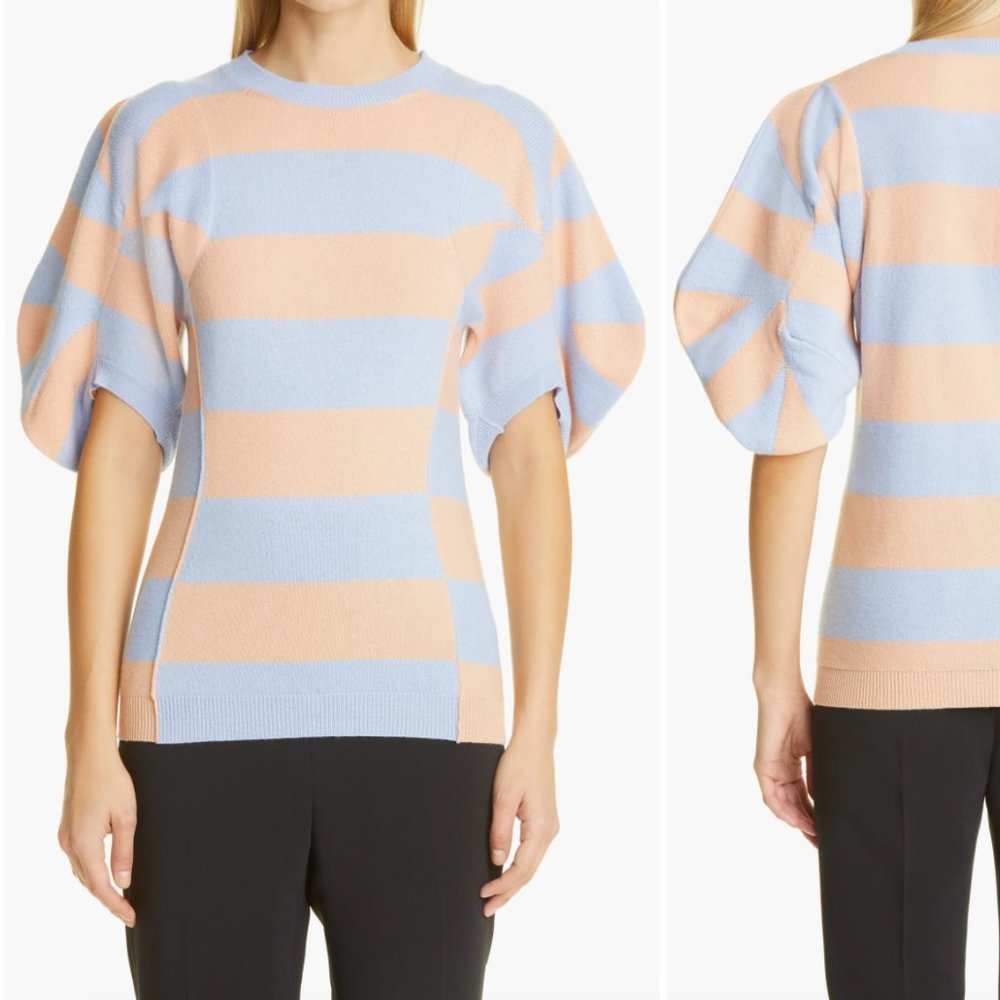 Never Worn Stella McCartney Stripe Puff Sleeve Cashmere & Wool Sweater, Size 16